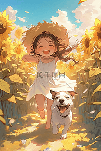 奔跑的卡通小狗插画图片_女孩小狗向日葵手绘夏季插画海报