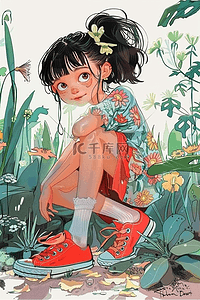 emoji小表情插画图片_植物夏季可爱女孩手绘海报矢量插画