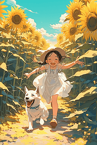 奔跑的卡通小狗插画图片_女孩小狗向日葵手绘插画夏季海报