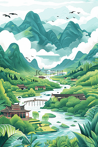 山河水彩手绘夏季插画海报