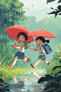 海报雨伞插画图片_雨天孩子玩耍夏季手绘海报插图
