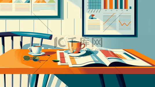 办公楼装修插画图片_简约扁平化办公室内桌面上文件咖啡的插画