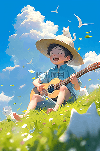 吉他海报插画图片_手绘男孩弹吉他草地夏日插画海报