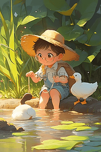 夏季可爱男孩手绘池塘插画海报