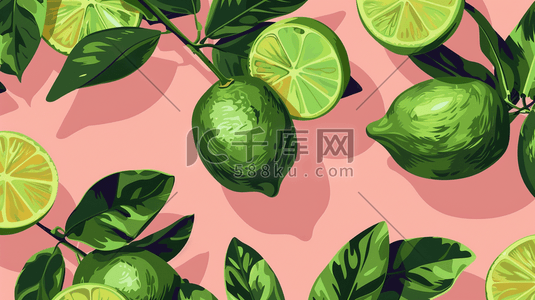 柠檬绿茶插画图片_粉色场景绿色水果柠檬的插画