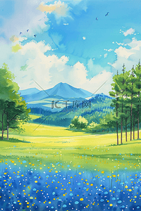 唯美风景花朵夏季山峰插画海报