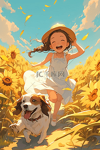 奔跑的卡通小狗插画图片_向日葵夏季女孩小狗手绘插画海报