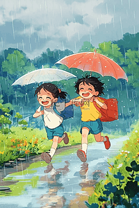 手绘夏季雨天孩子玩耍海报插画素材