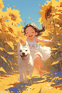 奔跑的卡通小狗插画图片_夏季女孩小狗手绘向日葵插画海报