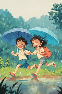 夏季雨天孩子玩耍手绘海报插图