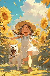 奔跑的卡通小狗插画图片_女孩小狗向日葵夏季手绘插画海报