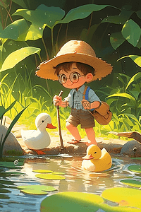 可爱男孩池塘手绘夏季插画海报