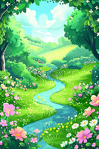 绿树花朵小溪手绘海报夏天矢量插画