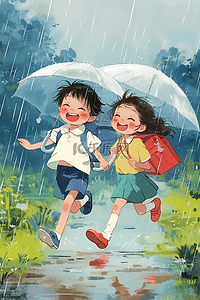 雨天孩子玩耍手绘夏季海报插画图片