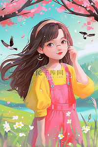 女孩樱花树手绘夏季插画海报