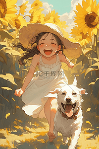 奔跑的卡通小狗插画图片_夏季女孩小狗向日葵手绘插画海报