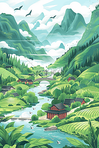 夏季山河水彩手绘插画海报