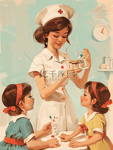护士儿科插画图片_女护士陪伴儿童小女孩吃药