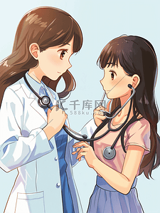 儿科体检插画图片_女医生拿听诊器听给女孩体检