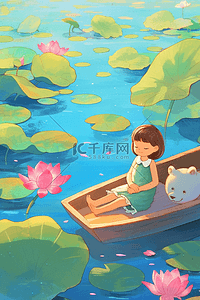 池塘莲叶夏季荷花手绘插画海报
