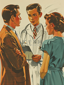 打领带的男人插画图片_彩色图片青年男人检查女医生和患者家庭