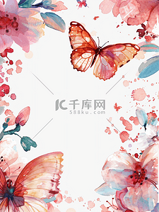 模板花朵插画图片_水彩蝴蝶与花粉红色图案框架