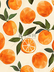 平面绿色背景插画图片_珊瑚色调橙子图案