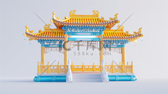 C4D蓝黄色中式古建筑牌楼插画