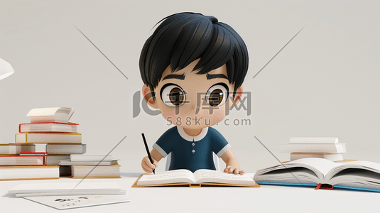 3D书桌前写功课的男孩插画