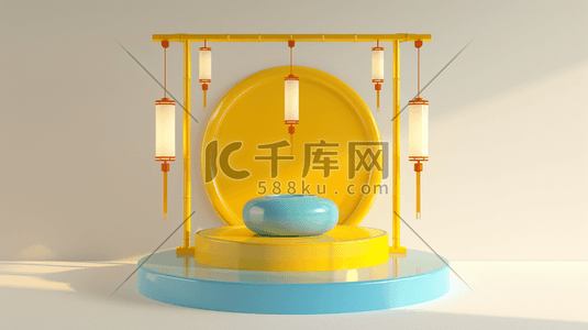 c4d商务几何插画图片_C4D蓝黄色中式古建筑牌楼插画