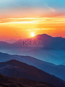 蓝色山脉插画图片_山脉上平静的日落
