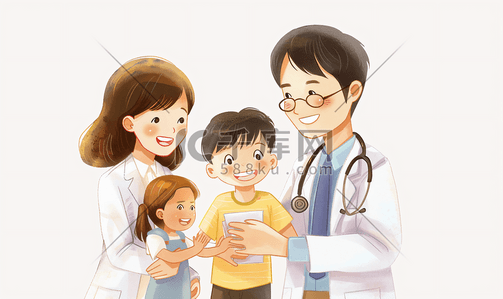 不关注就捣蛋插画图片_关爱亚洲人身体关注年轻妈妈带着孩子看医生
