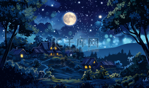 山月光插画图片_夜景在有月亮和星星的村庄