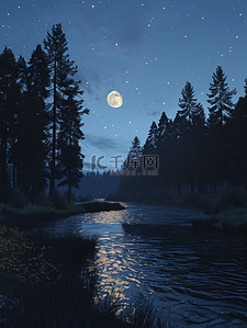 山月光插画图片_宁静的夜晚在松树林里与河月和星星