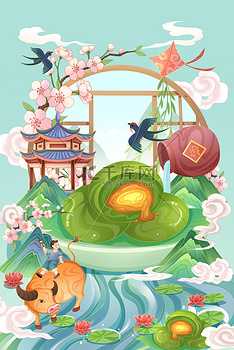 国潮风清明节青团子放牛娃风筝场景插画