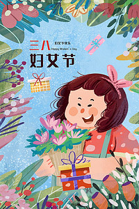 框插画图片_38妇女节女神节女生特写植物花