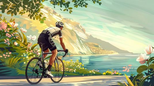 海洋插画图片_海边公路上骑自行车的运动员插画
