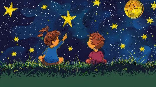 星空插画图片_草地上观赏夜空星星的两个小孩插画