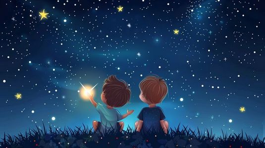星空插画图片_草地上观赏夜空星星的两个小孩插画
