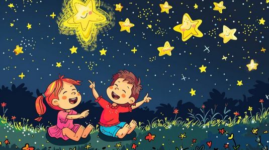 草地上观赏夜空星星的两个小孩插画