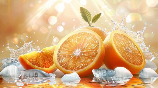 鲜果橙插画图片_夏日新鲜香橙和冰块插画