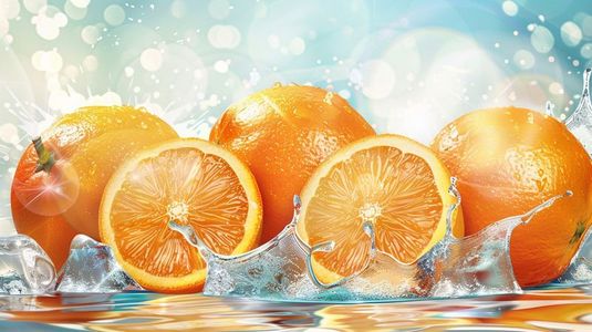 鲜果橙插画图片_夏日新鲜香橙和冰块插画
