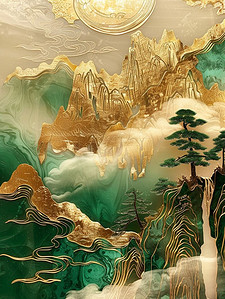 中国风山川河流瓷器插画