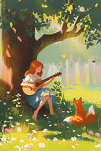 女孩吉他深林插画海报夏季