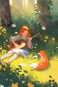 女孩吉他深林插画夏季海报