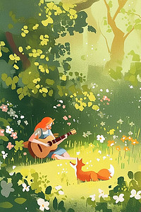 夏季插画女孩吉他深林海报