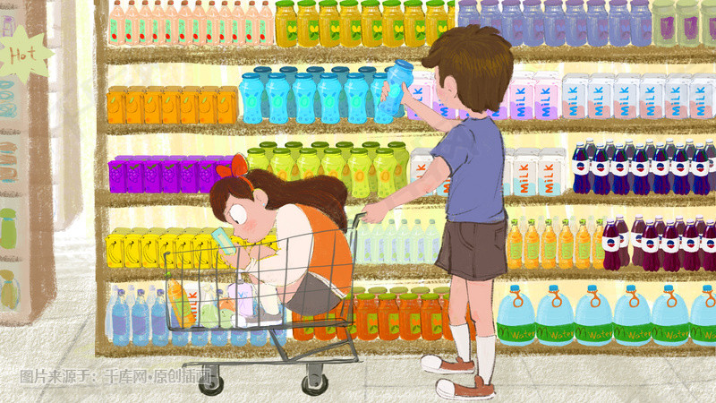 情侣超市购物场景插画图片-千库网