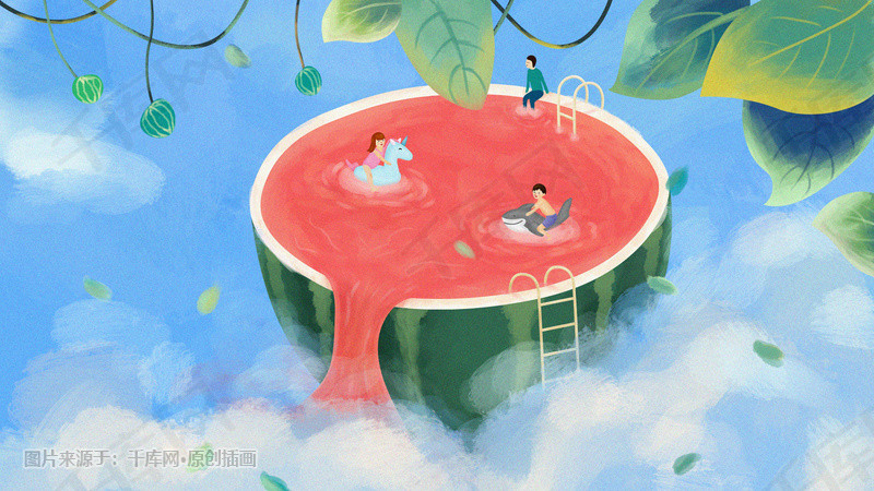 夏天小清新创意西瓜手绘泳池游泳插画背景