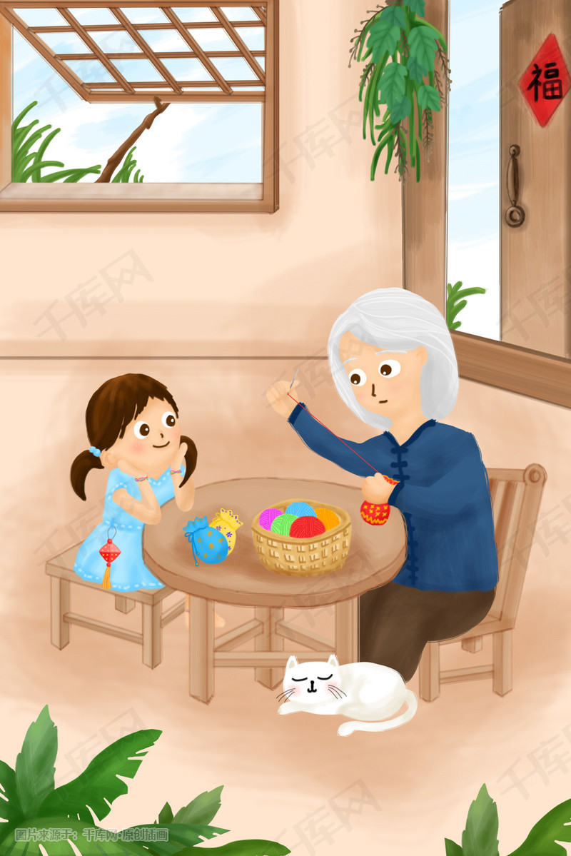 夏天端午节奶奶女孩猫缝制香包手绘插画ps