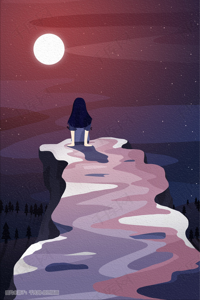 下坐在悬崖边小女孩的背影免费下载小女孩  背影  红色  月光  月亮